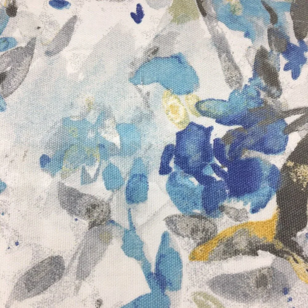Ralph LAUREN Abstract Floral Fabric Shower Curtain Blue Gray Mustard Yellow NEW